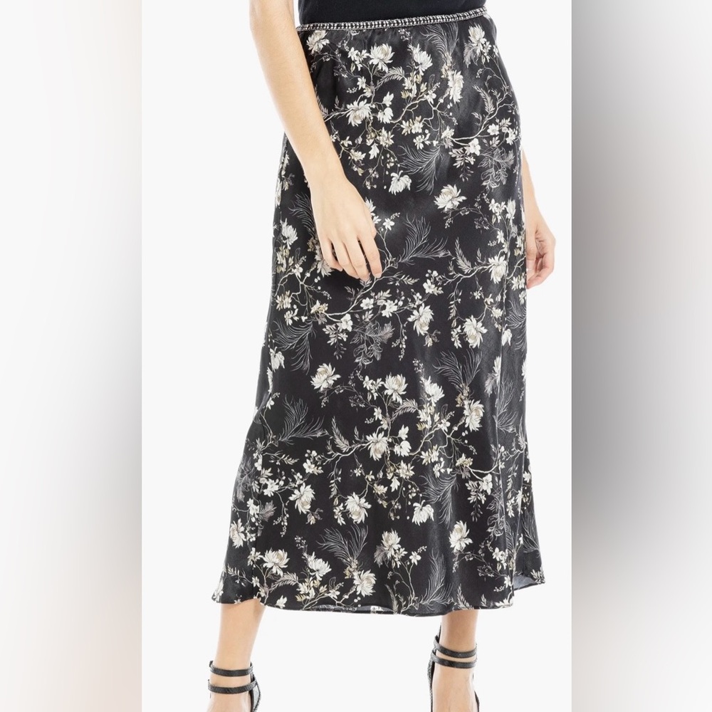 NWT Satin Floral Black Midi Skirt Large